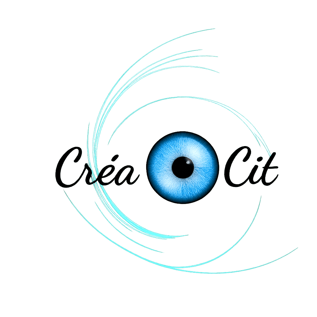 Logo de l’agence web à Laval CréaCit représentant un œil bleu stylisé entouré de courbes graphiques, avec le nom de la marque en typographie manuscrite